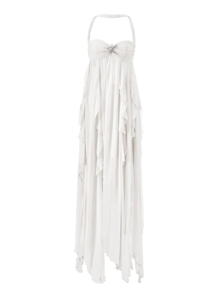 White strapless dress with ruffled skirt on a white background